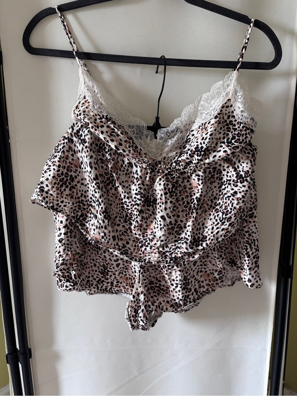 aerie Leopard Satin Lace-Trim Pajama Set